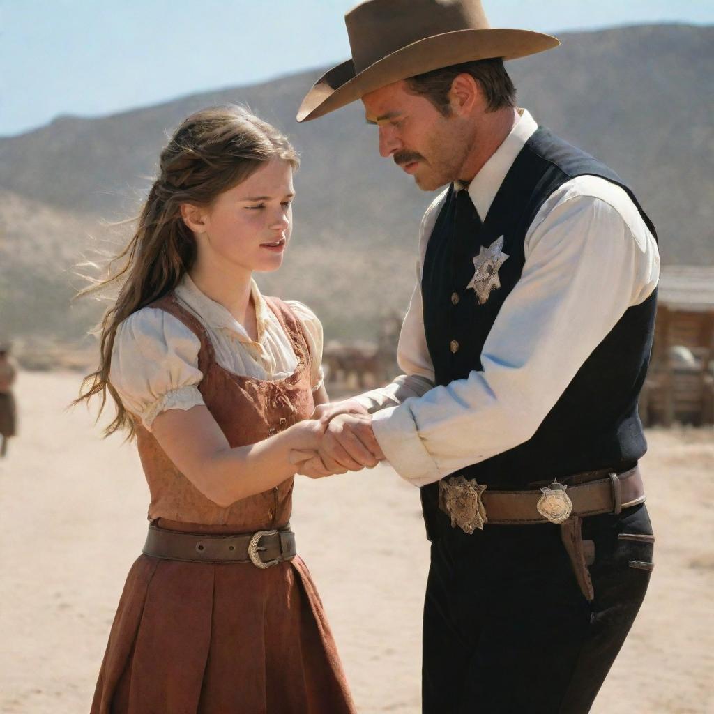 A youthful sheriff in a traditional Western outfit, professionally handcuffing a girl under the blazing sun.