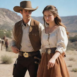 A youthful sheriff in a traditional Western outfit, professionally handcuffing a girl under the blazing sun.