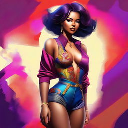 This is a digital art image of a confident and attractive individual, dressed in a stylish and slightly revealing outfit