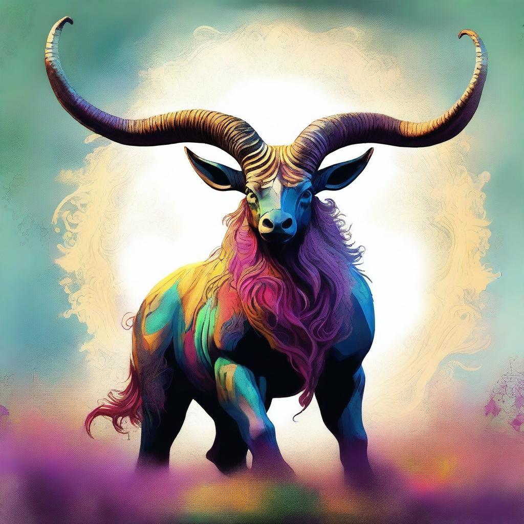 This is a digital art image of a large mythical creature, adorned with massive, impressive horns