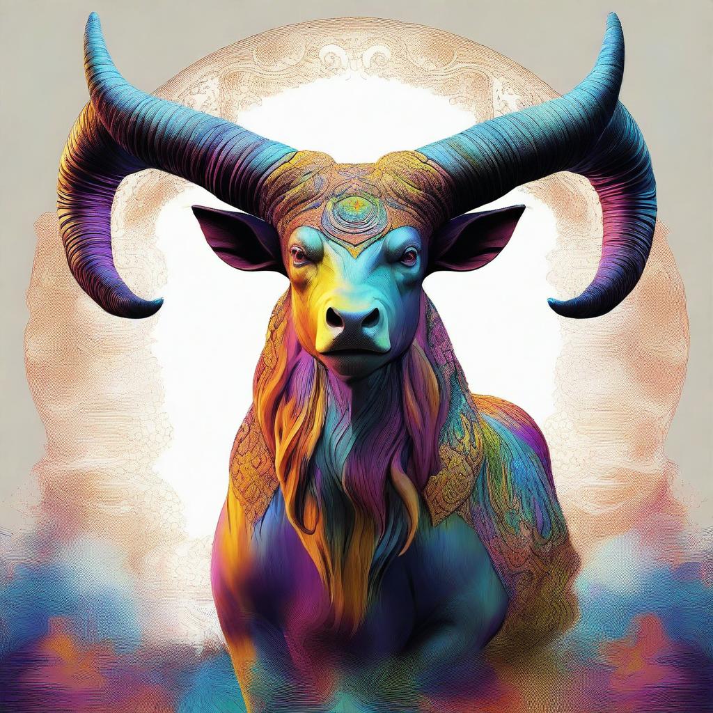 This is a digital art image of a large mythical creature, adorned with massive, impressive horns