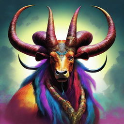 This is a digital art image of a large mythical creature, adorned with massive, impressive horns