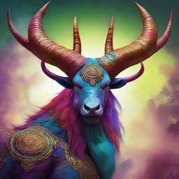 This is a digital art image of a large mythical creature, adorned with massive, impressive horns