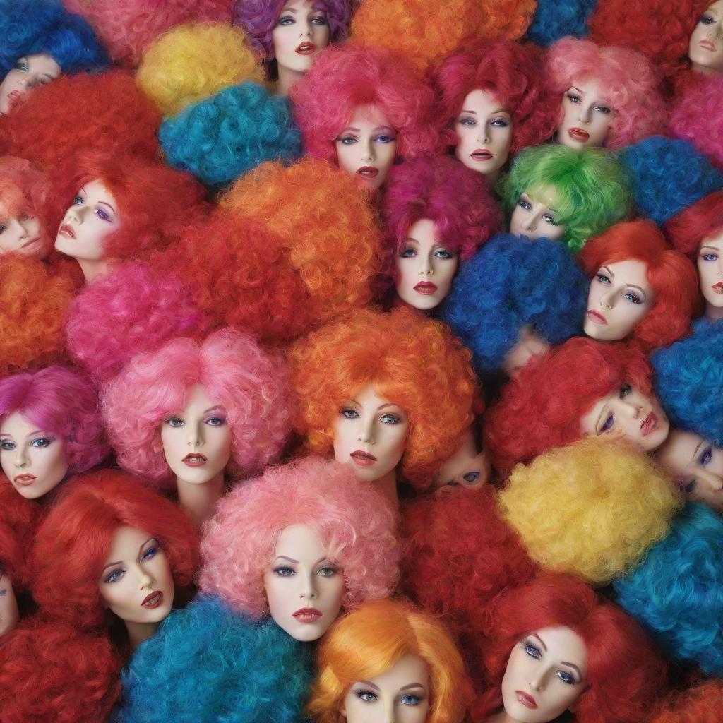 A large, overflowing bag filled with a multitude of colorful and flamboyant wigs destined for a lively circus.