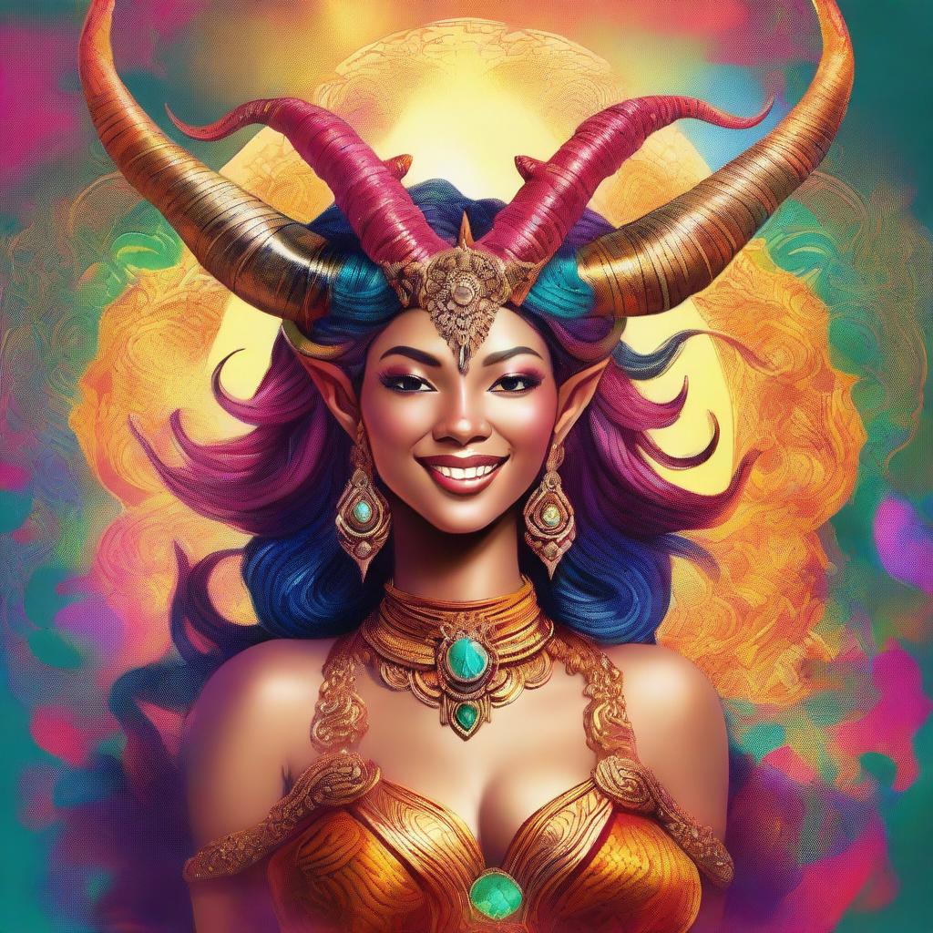 This is a digital art image of a large, mythical female character with impressive horns
