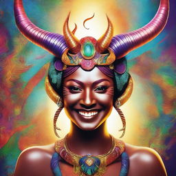 This is a digital art image of a large, mythical female character with impressive horns