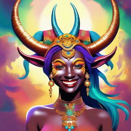 This is a digital art image of a large, mythical female character with impressive horns