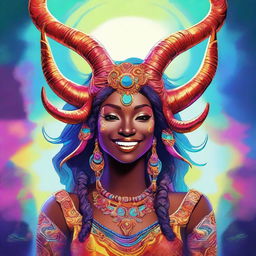 This is a digital art image of a large, mythical female character with impressive horns