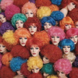 A large, overflowing bag filled with a multitude of colorful and flamboyant wigs destined for a lively circus.