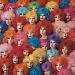 A large, overflowing bag filled with a multitude of colorful and flamboyant wigs destined for a lively circus.