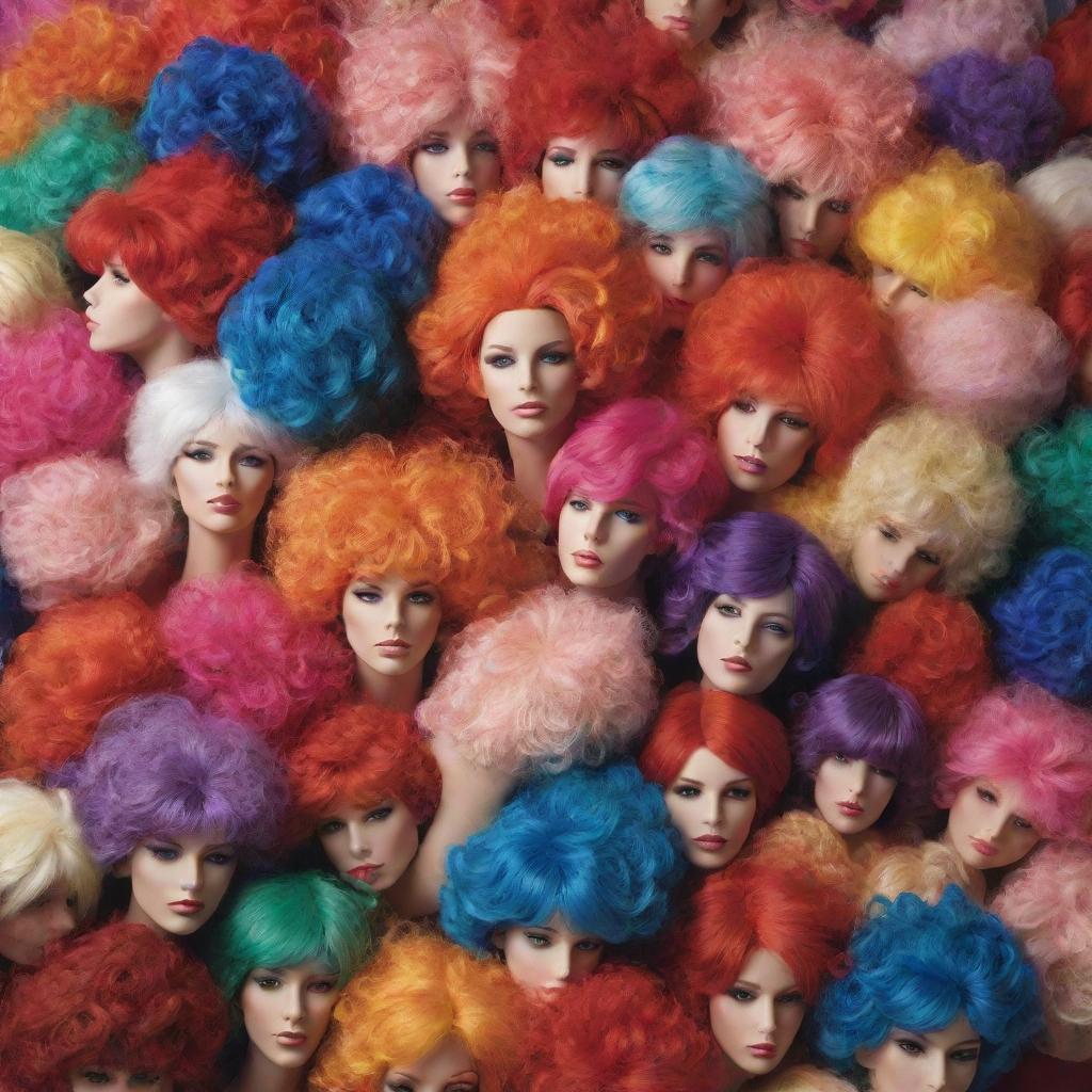 A large, overflowing bag filled with a multitude of colorful and flamboyant wigs destined for a lively circus.