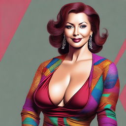 This is a digital art image showcasing an attractive mature woman with a shapely figure