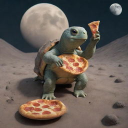 A quirky scene featuring a turtle leisurely seated on the moon's crater-filled surface, happily munching on a slice of pizza and sipping a fizzy soda.