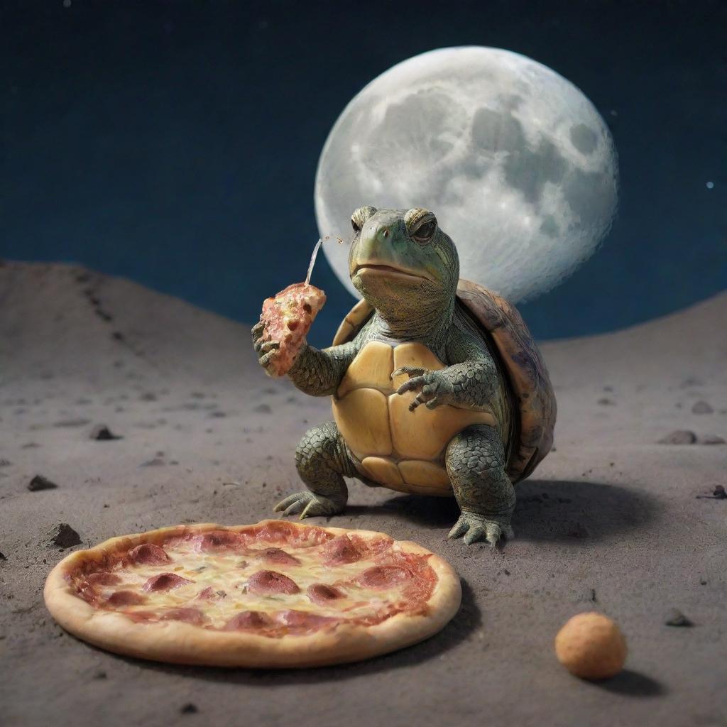 A quirky scene featuring a turtle leisurely seated on the moon's crater-filled surface, happily munching on a slice of pizza and sipping a fizzy soda.