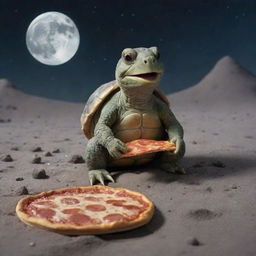 A quirky scene featuring a turtle leisurely seated on the moon's crater-filled surface, happily munching on a slice of pizza and sipping a fizzy soda.