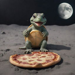 A quirky scene featuring a turtle leisurely seated on the moon's crater-filled surface, happily munching on a slice of pizza and sipping a fizzy soda.