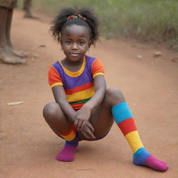 A youthful African girl wearing vibrant, multi-colored socks similar to Rambo's iconic clothing colors.