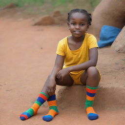 A youthful African girl wearing vibrant, multi-colored socks similar to Rambo's iconic clothing colors.