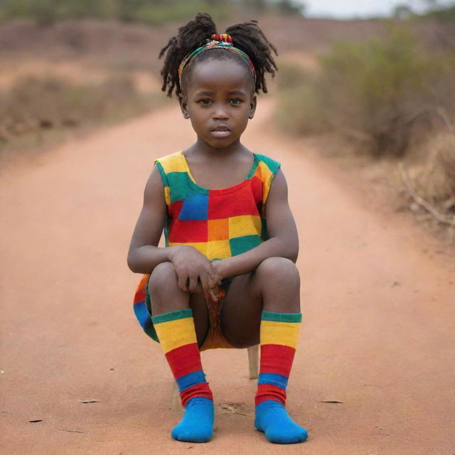 A youthful African girl wearing vibrant, multi-colored socks similar to Rambo's iconic clothing colors.