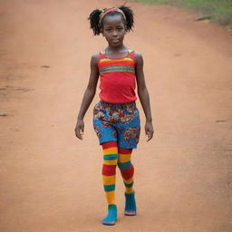 A youthful African girl wearing vibrant, multi-colored socks similar to Rambo's iconic clothing colors.