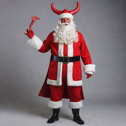 An intriguing crossover of a devilish Santa Claus, complete with the traditional red suit, adorned with fiery details and horned headgear.