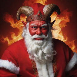 An intriguing crossover of a devilish Santa Claus, complete with the traditional red suit, adorned with fiery details and horned headgear.