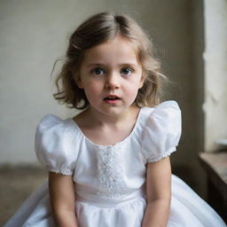 A chilling image of a small girl wearing a pristine white dress, her innocent features displaying a strikingly eerie expression.