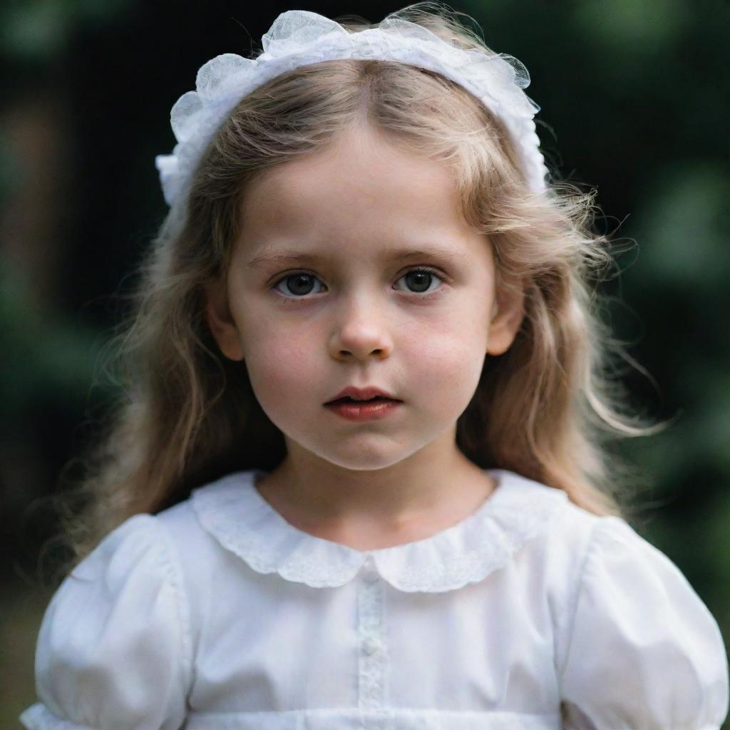 A chilling image of a small girl wearing a pristine white dress, her innocent features displaying a strikingly eerie expression.