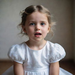 A chilling image of a small girl wearing a pristine white dress, her innocent features displaying a strikingly eerie expression.