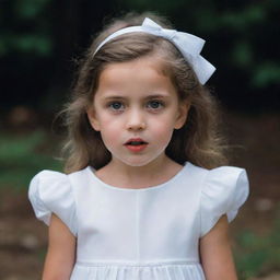 A chilling image of a small girl wearing a pristine white dress, her innocent features displaying a strikingly eerie expression.