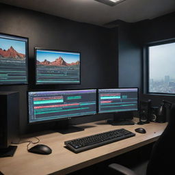 A professional video editing workplace equipped with the latest version of Adobe  Premier Pro software.