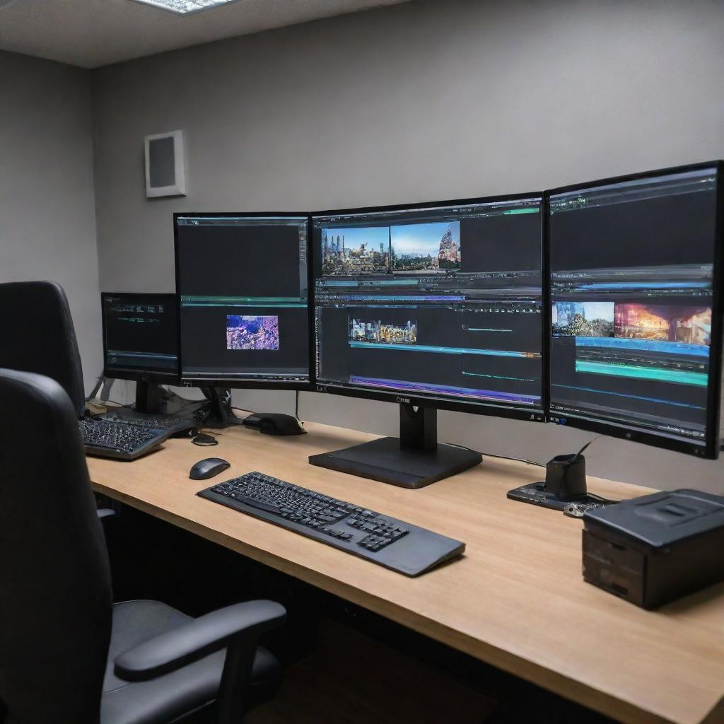 A professional video editing workplace equipped with the latest version of Adobe  Premier Pro software.