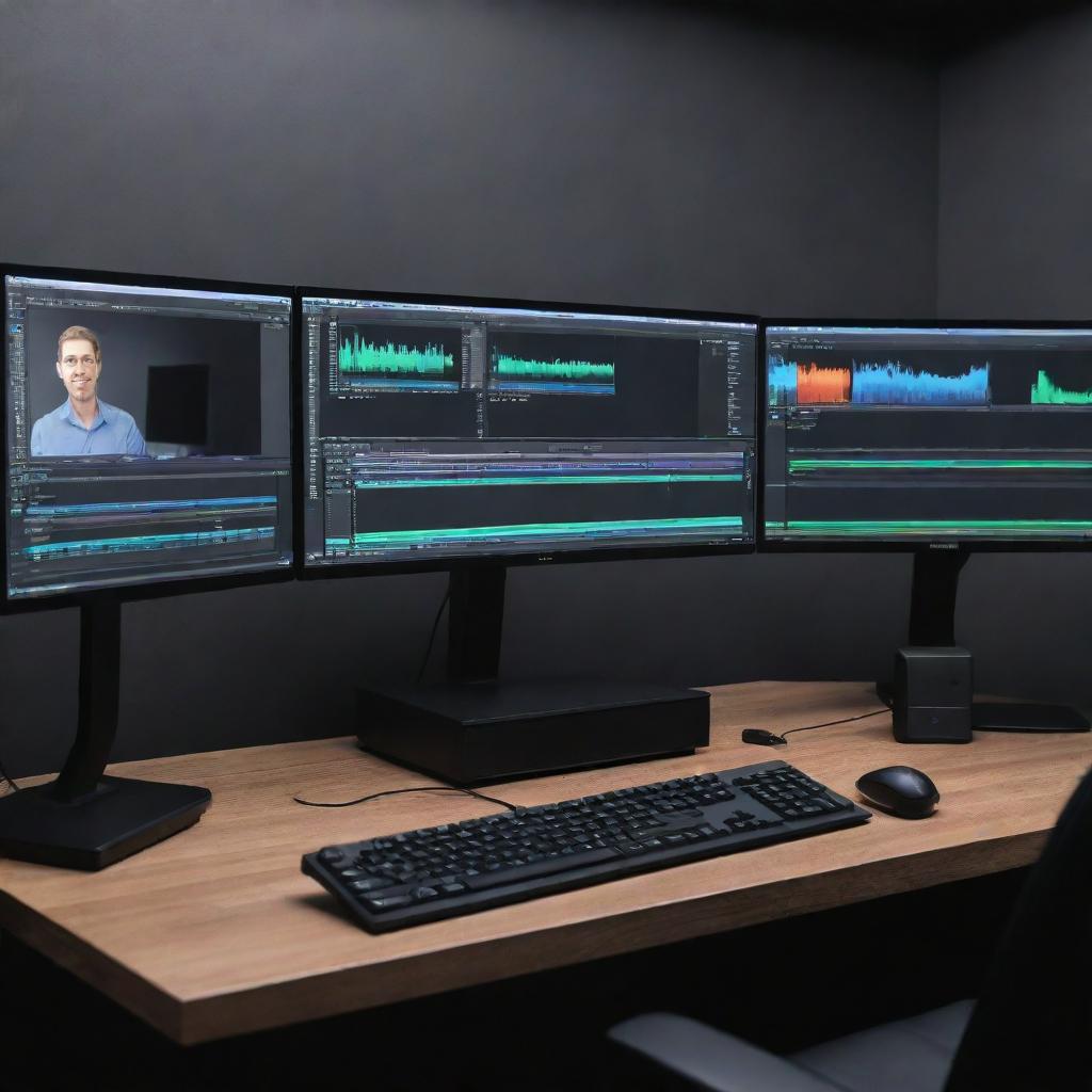 A professional video editing workplace equipped with the latest version of Adobe  Premier Pro software.