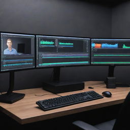 A professional video editing workplace equipped with the latest version of Adobe  Premier Pro software.