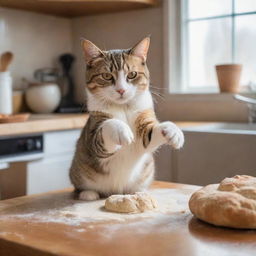 A whimsical image of a domestic cat kneading dough with its paws, appearing to be making biscuits, in a cozy home kitchen.