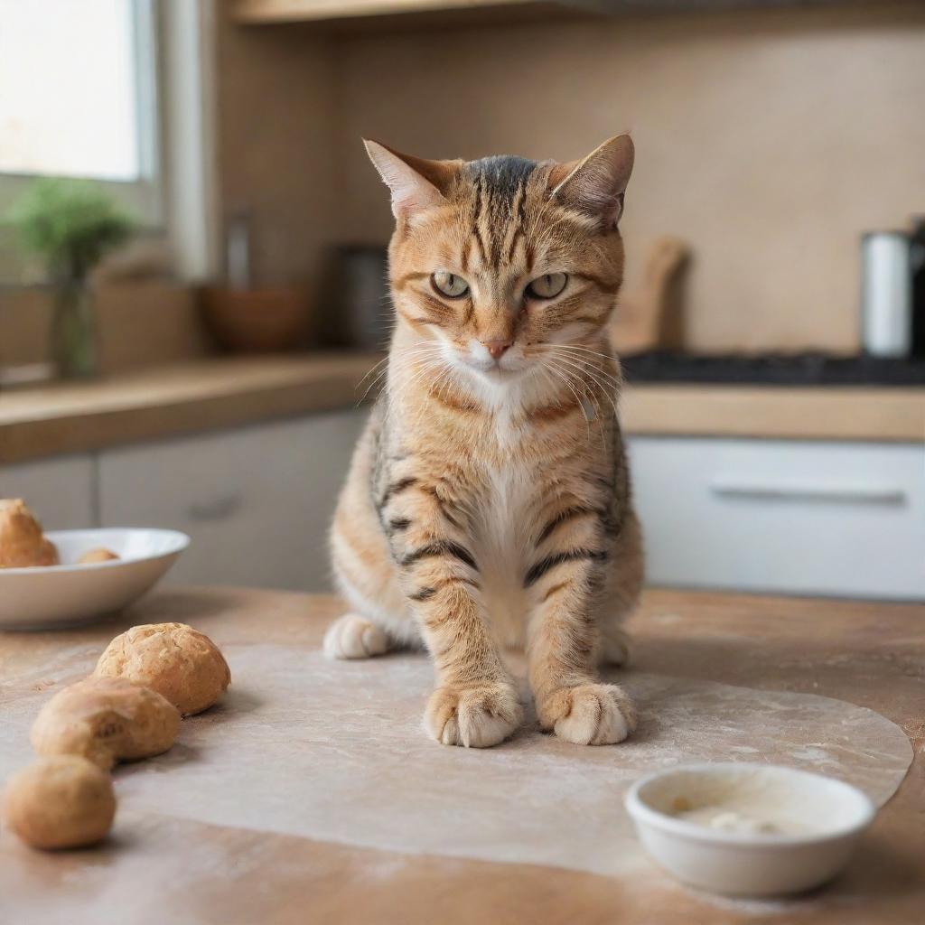 A whimsical image of a domestic cat kneading dough with its paws, appearing to be making biscuits, in a cozy home kitchen.