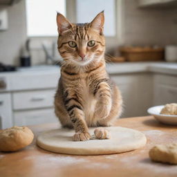 A whimsical image of a domestic cat kneading dough with its paws, appearing to be making biscuits, in a cozy home kitchen.