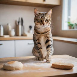 A whimsical image of a domestic cat kneading dough with its paws, appearing to be making biscuits, in a cozy home kitchen.