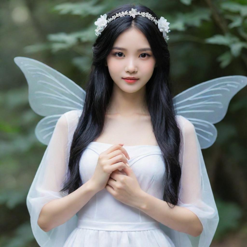 Create a cool and aloof fairy wearing a white Han dress and long loose black hair that reaches her waist, without any hair accessories.