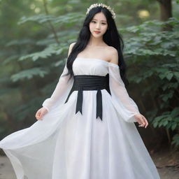 Create a cool and aloof fairy wearing a white Han dress and long loose black hair that reaches her waist, without any hair accessories.