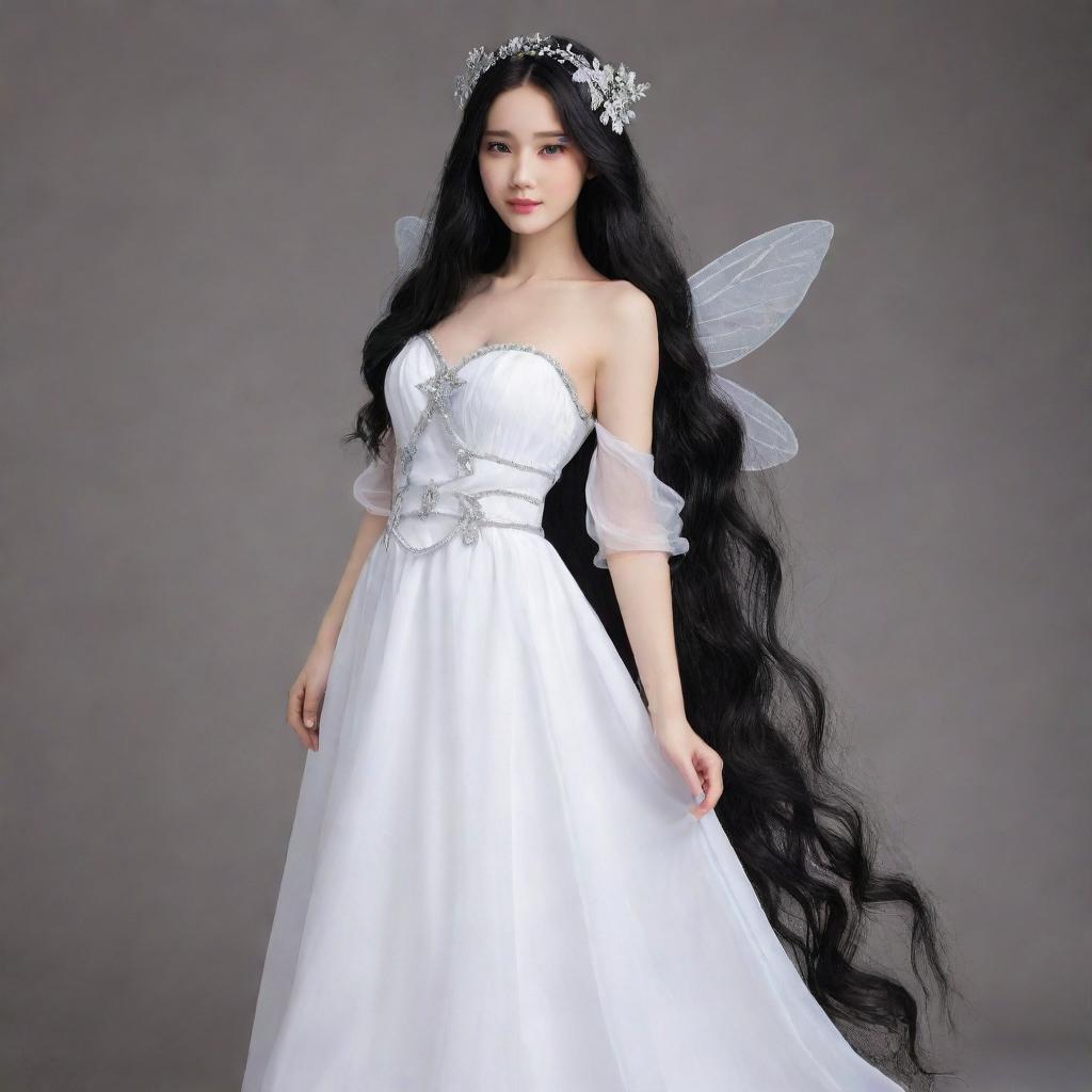 Create a cool and aloof fairy wearing a white Han dress and long loose black hair that reaches her waist, without any hair accessories.