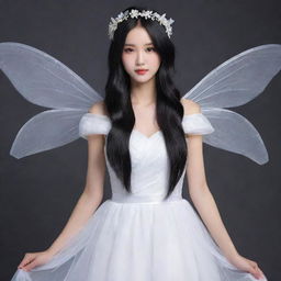 Create a cool and aloof fairy wearing a white Han dress and long loose black hair that reaches her waist, without any hair accessories.