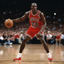 Michael Jordan in a dynamic basketball pose, wearing a Chicago Bulls jersey, with an intense look on his face.