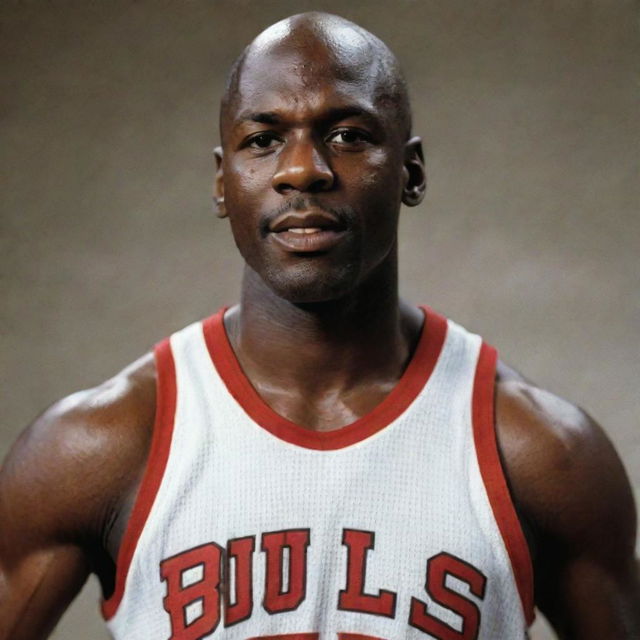 Michael Jordan in a dynamic basketball pose, wearing a Chicago Bulls jersey, with an intense look on his face.