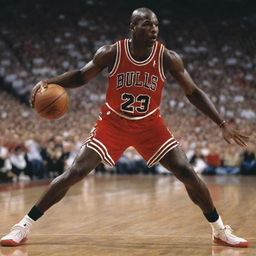 Michael Jordan in a dynamic basketball pose, wearing a Chicago Bulls jersey, with an intense look on his face.