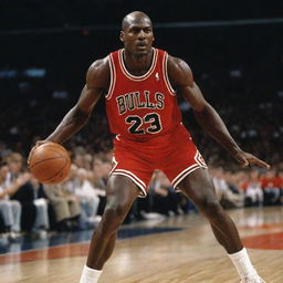 Michael Jordan in a dynamic basketball pose, wearing a Chicago Bulls jersey, with an intense look on his face.