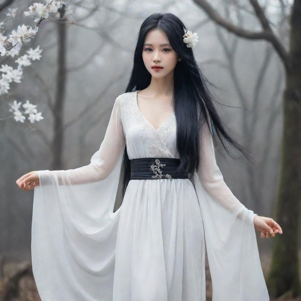 Depict a beautiful fairy with a cold demeanor wearing an old Chinese white dress, her long straight black hair loose and reaching her waist.