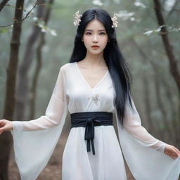 Depict a beautiful fairy with a cold demeanor wearing an old Chinese white dress, her long straight black hair loose and reaching her waist.