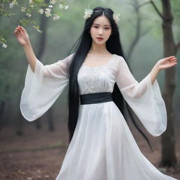 Depict a beautiful fairy with a cold demeanor wearing an old Chinese white dress, her long straight black hair loose and reaching her waist.