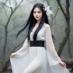 Depict a beautiful fairy with a cold demeanor wearing an old Chinese white dress, her long straight black hair loose and reaching her waist.